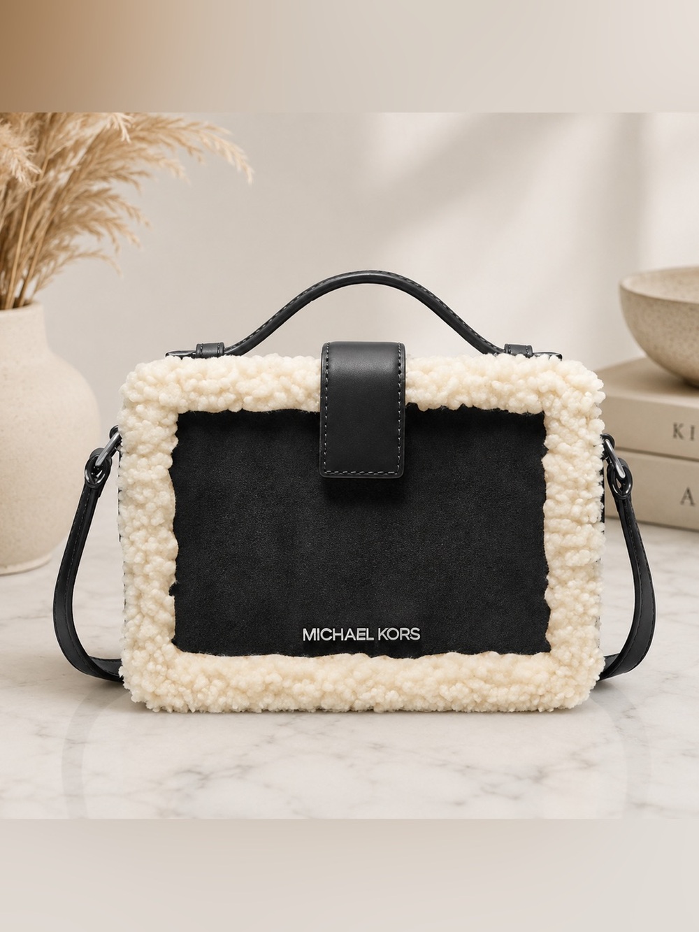 Michael Kors | NWT Black Cooper Leather Suede Sherpa Crossbody Lunch Box Bag